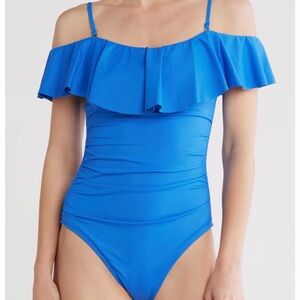 La Blanca Ruffle One-Piece Swimsuit, Size 14, Blue Women's Boho Bathing suit New